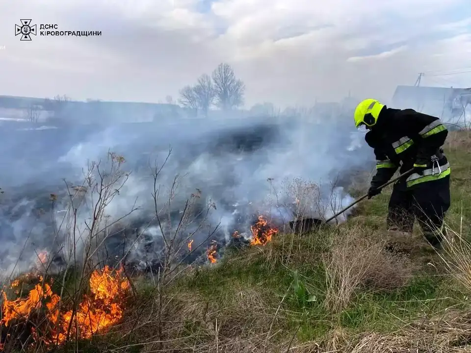 рятувальник гасить пожежу трави