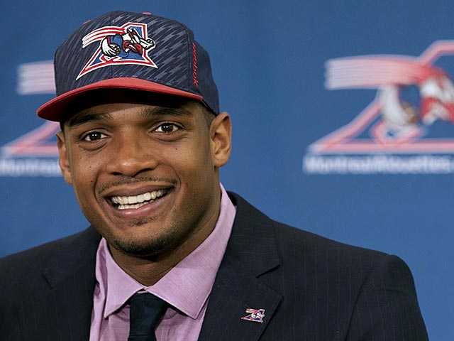 Newly signed defensive end Sam smiles as he is introduced to the media by the Montreal Alouettes CFL football team in Montreal