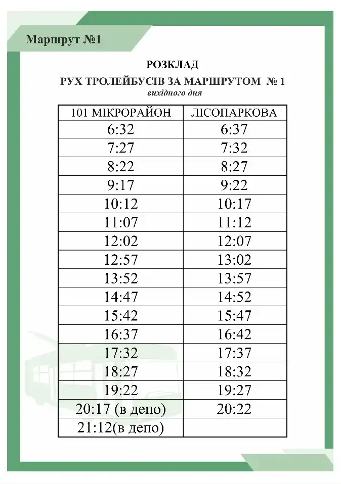 розклад руху тролейбуса №1 вихідний день