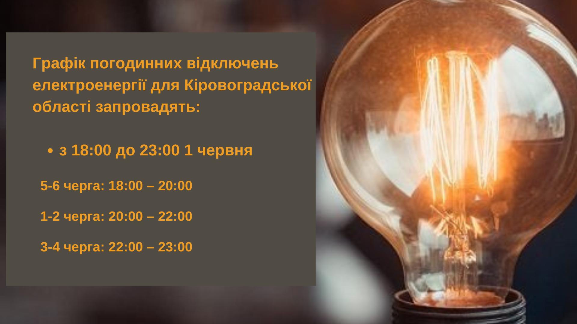 графік відключень світла в Кіровоградській області 1 червня