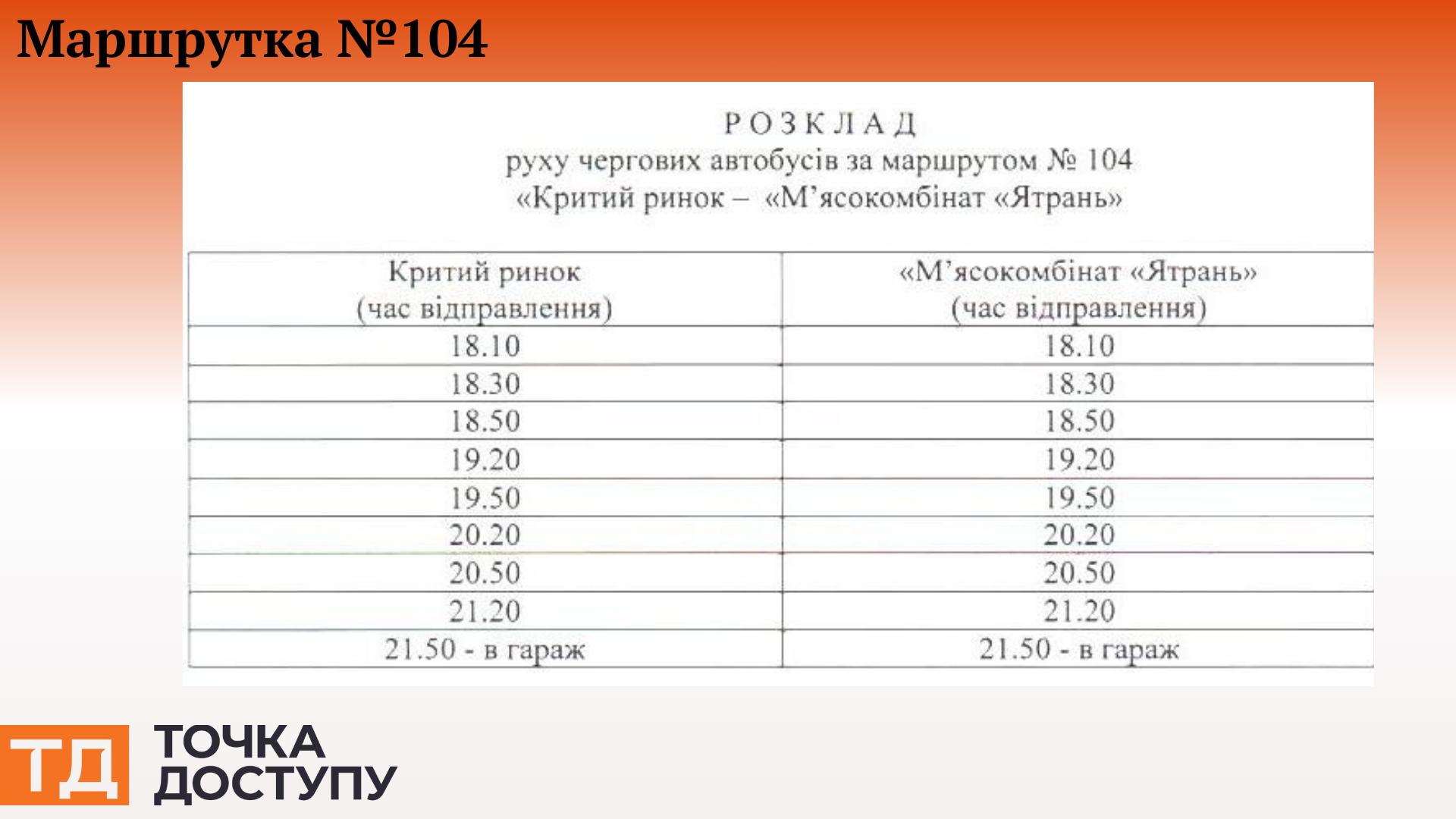 Графік руху маршруток №104 у Кропивницькому