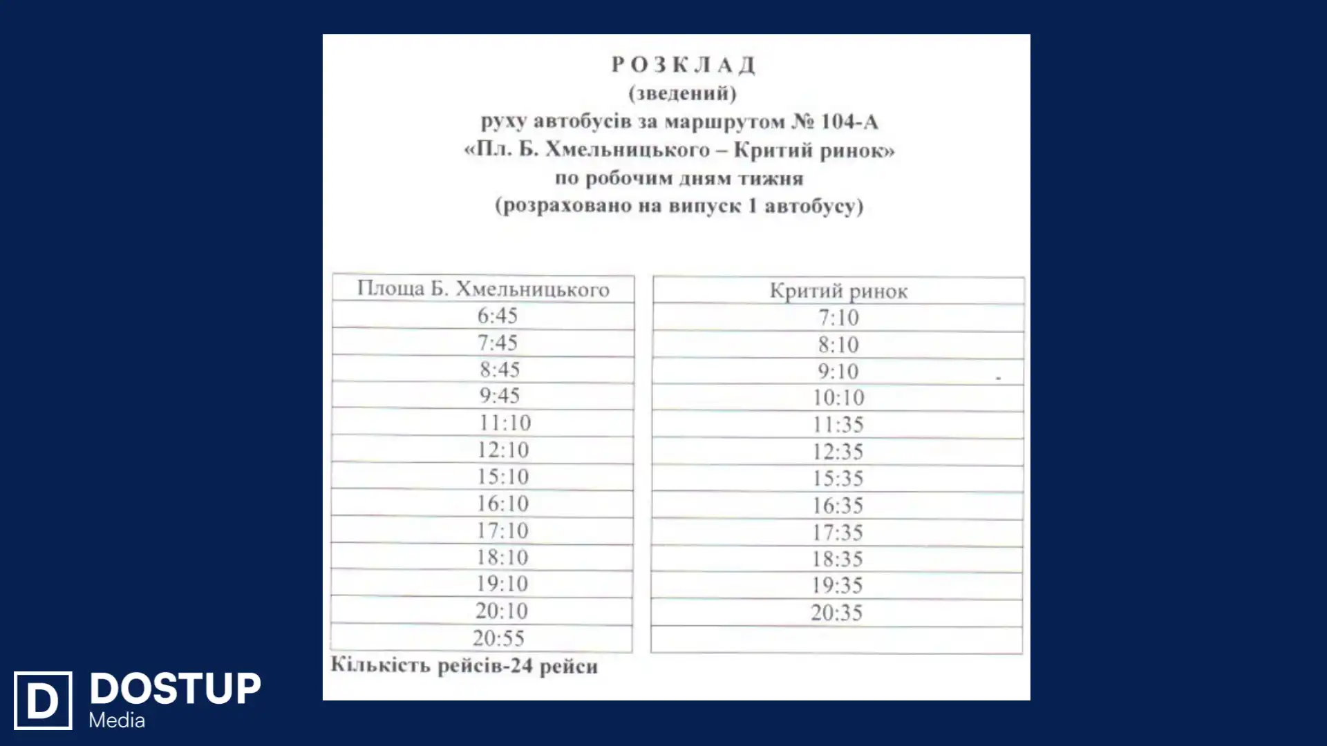Графік руху автобуса 104 А
