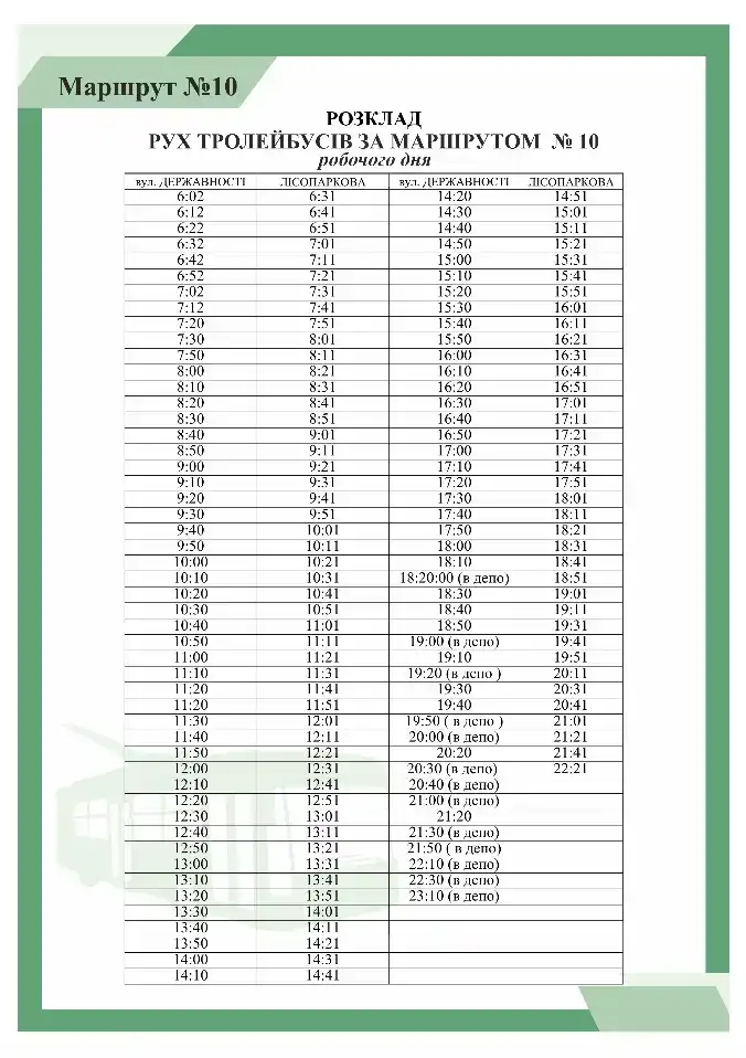 Графік тролейбуса №10 у будні