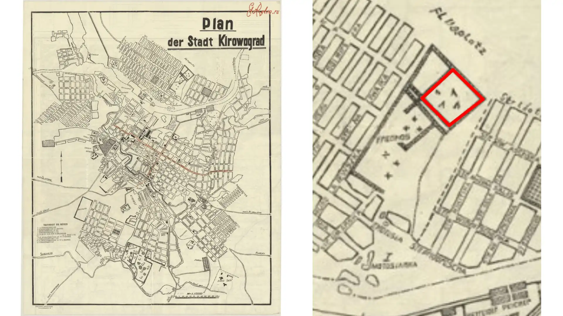 Німецький план міста Кіровоград 1942 року та приблизне розташування нового єврейського цвинтаря