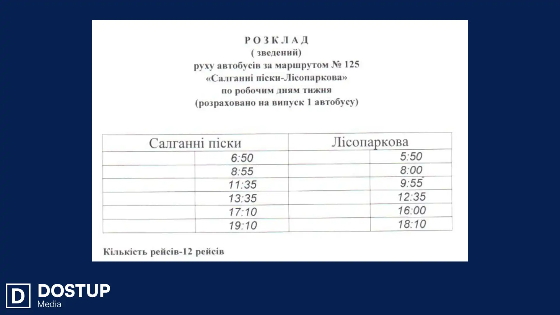 Автобусний маршрут №125 робочі дні