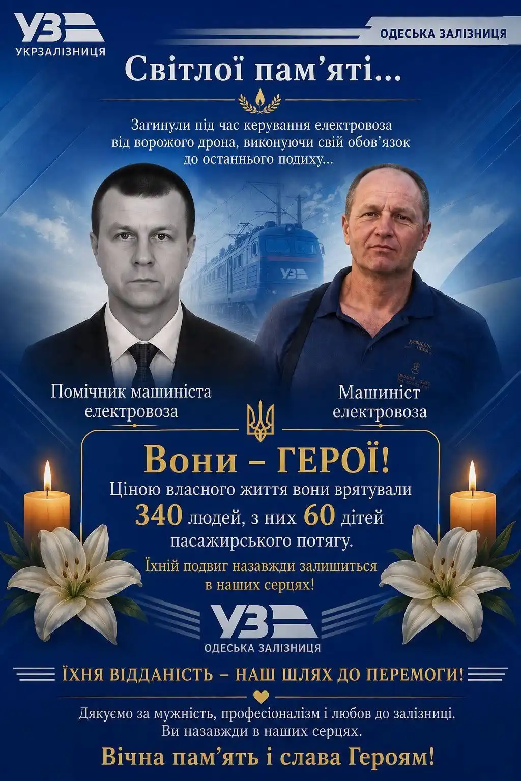 Машиніст Василь Морозов і помічник машиніста Іван Шевчик зі Знам’янки загинули через удар дрона