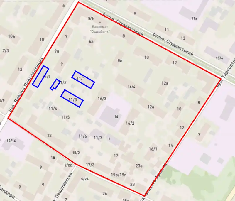 Схема розміщення кварталу та будинків за адресою Велика Перспективна 11/11 (корпуси 1, 2, 3 та 7)